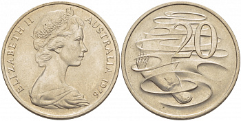 Австралия 20 центов 1976 Елизавета II (1952-2022), утконос KM 66 медно-никель UNC 115-946