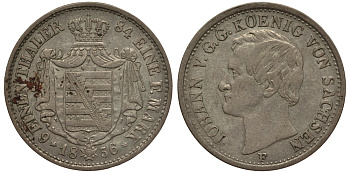 САКСОНИЯ 1/6 ТАЛЕРА 1856 F, ИОГАНН (1854-1873) KM 1186 серебро 1517-725