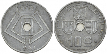 БЕЛЬГИЯ 10 САНТИМОВ 1941 BELGIE-BELGIQUE, ГЕРМАНСКАЯ ОККУПАЦИЯ, ВТОРАЯ МИРОВАЯ ВОЙНА KM 126 цинк 3718-542