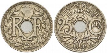 ФРАНЦИЯ 25 САНТИМОВ 1931 ТИП ЛАНДАЙЁ KM 867а, LE FRANC 171,15 медно-никель 4402-837
