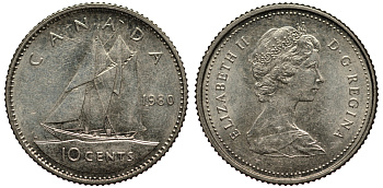 КАНАДА 10 ЦЕНТОВ 1980 ПАРУСНИК KM 77.2 никель XF 4181-339