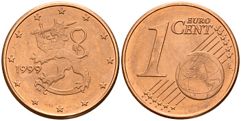 Финляндия 1 евроцент 1999  KM 98 сталь плакированная медью  UNC  4189-213