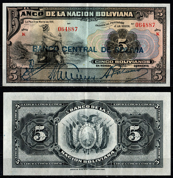 Боливия 5 боливиано 1911 (1929) надпечатка на Pick 106, серия K Pick 113 (2)  бумага   451-1344-1