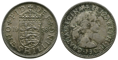 Великобритания 1 шиллинг 1958 Елизавета II (1952-2022), Английский герб KM 904, Spink 4147 медно-никель 4384-352