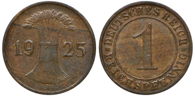 ГЕРМАНИЯ 1 РЕЙХСПФЕННИГ 1925 А KM 37, J. 313 бронза 72-1136