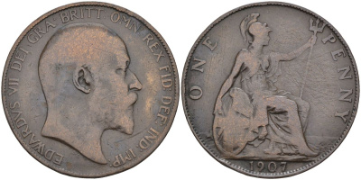 Великобритания 1 пенни 1907 Эдуард VII (1901-1910) KM 794.2, Sp 3990 бронза 4117-733