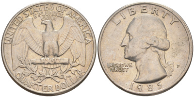 США 25 ЦЕНТОВ = КВОТЕР 1985 P, ВАШИНГТОН KM A164a медь плакированная медно-никелем 4114-922