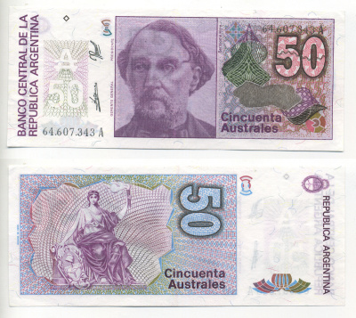 АРГЕНТИНА 50 АУСТРАЛЕЙ 1989 СЕРИЯ А 64607, БАРТОЛОМЕ МИТРЕ, АРГЕНТИНСКИЙ ПОЛИТИК, ПОЛКОВОДЕЦ Pick 326b UNC (ПРЕСС) 6293-30-3