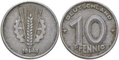 ГДР 10 пфеннигов 1948 A KM 3 алюминий 206-619