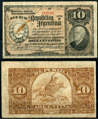 Аргентина 10 сентаво 1891 серия Р 140040, 1 ноября 1891, Доминго Фаустино Сармьенто Pick 210  бумага   451-470-3-2