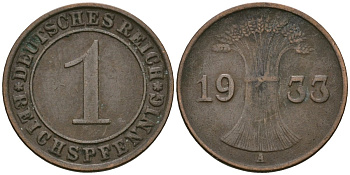 Германия 1 рейхспфенниг 1933 A KM 37, J. 313 бронза 4189-1155