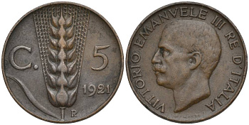 ИТАЛИЯ 5 ЧЕНТЕЗИМО 1921 R, ВИКТОР ЭММАНУИЛ III (1900-1946) KM 59 бронза 4548-1153