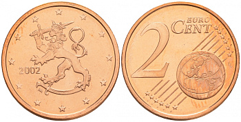 ФИНЛЯНДИЯ 2 ЕВРОЦЕНТА 2002 ИЗ РОЛЛА KM 99 сталь плакированная медью UNC M20-13