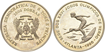 Сан-Томе и Принсипи 1000 добра 1996 XXVI Олимпийские игры 1996 года в Атланте, плаванье KM 63 медно-никель PROOF 4368-1014
