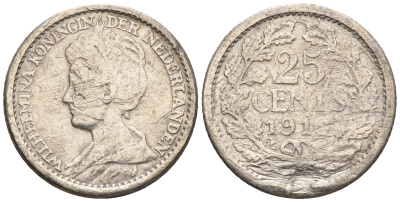 Нидерланды 25 центов 1910 Вильгельмина (1890-1948) KM 146 серебро 4609-763