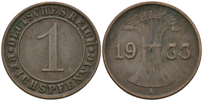 Германия 1 рейхспфенниг 1933 A KM 37, J. 313 бронза 4189-1155