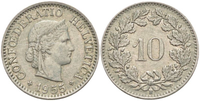 ШВЕЙЦАРИЯ 10 РАППЕНОВ 1955 В KM 27 медно-никель 55-243