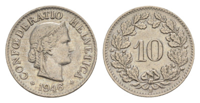Швейцария 10 раппенов 1946 B KM 27 медно-никель 4609-641