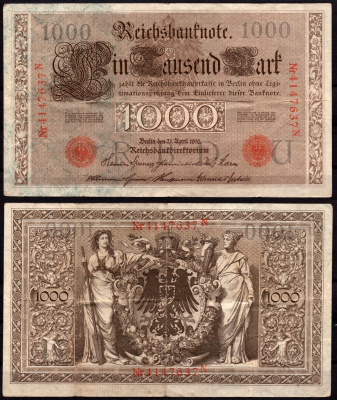 Германия 1000 марок 1910 Берлин,N; аллегорические фигуры («Мореплавание» и «Земледелие»), герб Pick 44 b бумага 7547-86-3-2