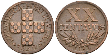 Португалия 20 сентаво 1949 KM 584 бронза 46-945
