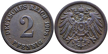 ГЕРМАНИЯ 2 ПФЕННИГА 1908 A KM 16, Jager 11, Weege 4 медь 4546-647