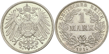 Германия 1 марка 1914 G Weege 18, J. 17, KM 14 серебро aUNC 98-1157