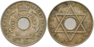 Британская Западная Африка 1/2 пенни 1947 H, Георг VI KM 18 медно-никель 25-1017