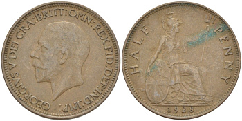 Великобритания 1/2 пенни 1928 Георг V (1910-1936) KM 837, Spink 4058 бронза 4513-533