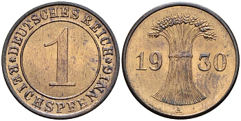 ГЕРМАНИЯ 1 РЕЙХСПФЕННИГ 1930 A KM 37, J. 313, Weege 2 бронза 4547-148
