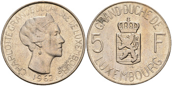 Люксембург 5 франков 1962 Великая герцогиня Шарлотта (1919-1964) KM 51 медно-никель 4143-1252
