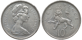 Великобритания 10 пенсов 1977 Елизавета II (1952-2022) KM 912, Spink 4231 (F1) медно-никель 4131-343