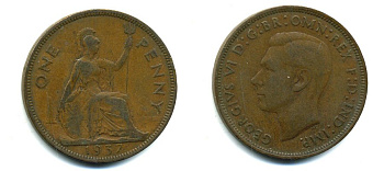 Великобритания 1 пенни 1937 Георг VI (1936-1952) KM 845, Spink 4114 бронза 37-336