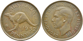 Австралия 1 пенни 1952 m, Георг VI (1937-1952), кенгуру KM 43 бронза 4394-412