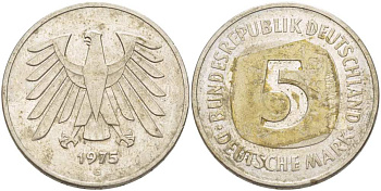 ФРГ 5 марок 1975 G, монетный двор Карлсруэ КМ 140.1, J. 415 медно-никель плакированный никелем 215-746