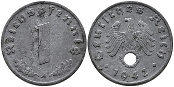 ГЕРМАНИЯ 1 РЕЙХСПФЕННИГ 1942 A KM 97, J.369 цинк 96-722