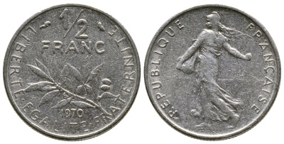 ФРАНЦИЯ 1/2 ФРАНКА 1970 KM 931.1 никель 93-1351