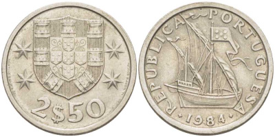 Португалия 2,5 эскудо 1984 парусник KM 590 медно-никель 213-247
