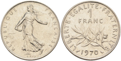 Франция 1 франк 1970 сеятель, тип Semeuse KM 925, Le Franc 226.15 никель 4592-1114
