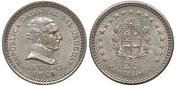 Уругвай 25 сентесимо 1960 KM 40 медно-никель 4169-911