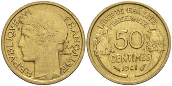 ФРАНЦИЯ 50 САНТИМОВ 1941 ТИП MORLON KM 894.1, LE FRANC 192.18 алюминиевая бронза 44-431