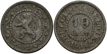 Бельгия 10 сантимов 1916 германская оккупация Первая мировая война, Альберт I (1910-1934) KM 81 цинк 4161-256