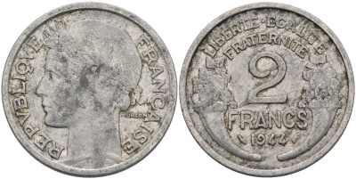 ФРАНЦИЯ 2 ФРАНКА 1944 KM 886а.1 алюминий 4589-557