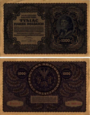 ПОЛЬША 1000 МАРОК 1919 23 АВГУСТА 1919, ТРЕТИЙ ВЫПУСК, ПОРТРЕТ КОСТЮШКО Pick 29 бумага VF 8607-15-1