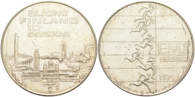 Финляндия 10 марок 1971 S-H, X Чемпионат Европы по легкой атлетике KM 52 серебро UNC 1521-1141