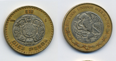 Мексика 10 песо 1998 Мо, бог Тонатиуха с огненной маской KM 616 биметалл 57-144