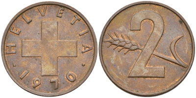 Швейцария 2 раппена 1970 KM 47 бронза 4592-711