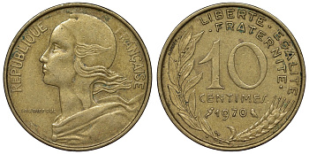 Франция 10 сантимов 1970 тип Marianne KM 929, Le Franc 144.10 медь алюминий никель 4128-155
