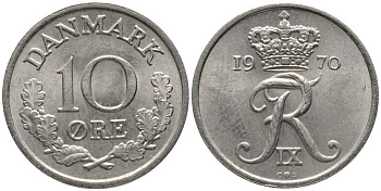 ДАНИЯ 10 ЭРЕ 1970 C; S, ФРЕДЕРИК IX (1947-1972) KM 841.3 медно-никель 116-226