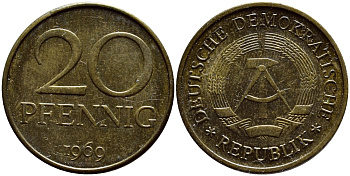 ГДР 20 пфеннигов 1969 А, первый год KM 11 латунь UNC 4397-231