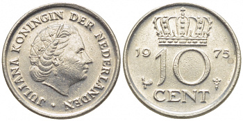 НИДЕРЛАНДЫ 10 ЦЕНТОВ 1975 ЮЛИАНА KM 182 никель 112-349
